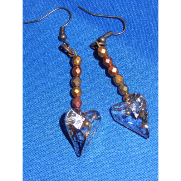 Golden glitz beaded Swarovski crystal gold foil heart earrings - Picture 1 of 3